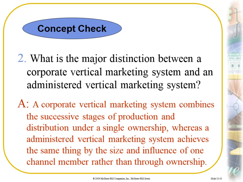 Slide 13-31 2. What is the major distinction between a corporate vertical marketing system